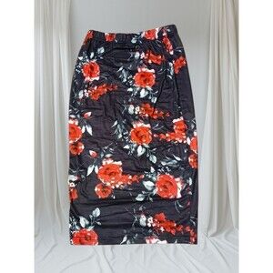 Women's Floral Maxi Skirt Black Red Flower Print High Slit Elastic Waist Stretch